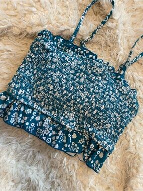 Teal Floral Smocked Cropped Cami Top